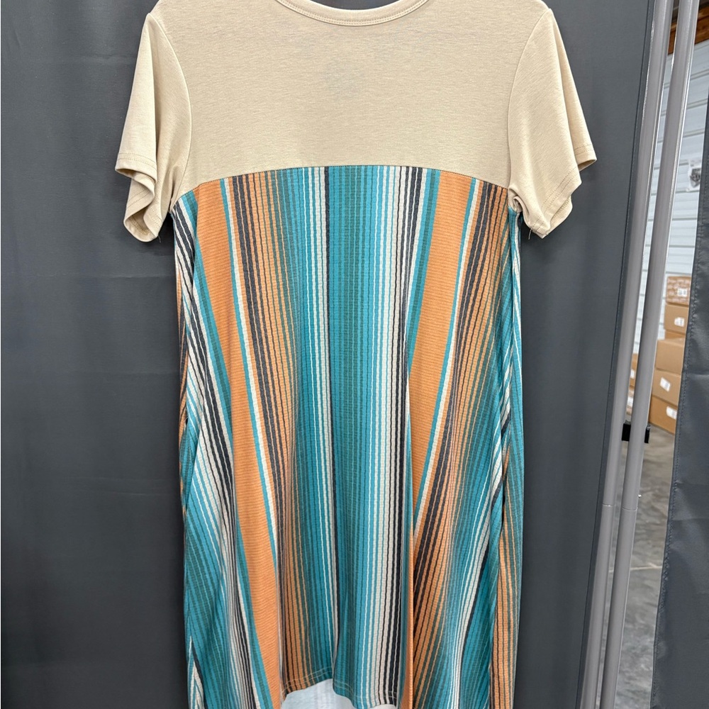 Crazy Train Beige and Teal Striped High Low Dress